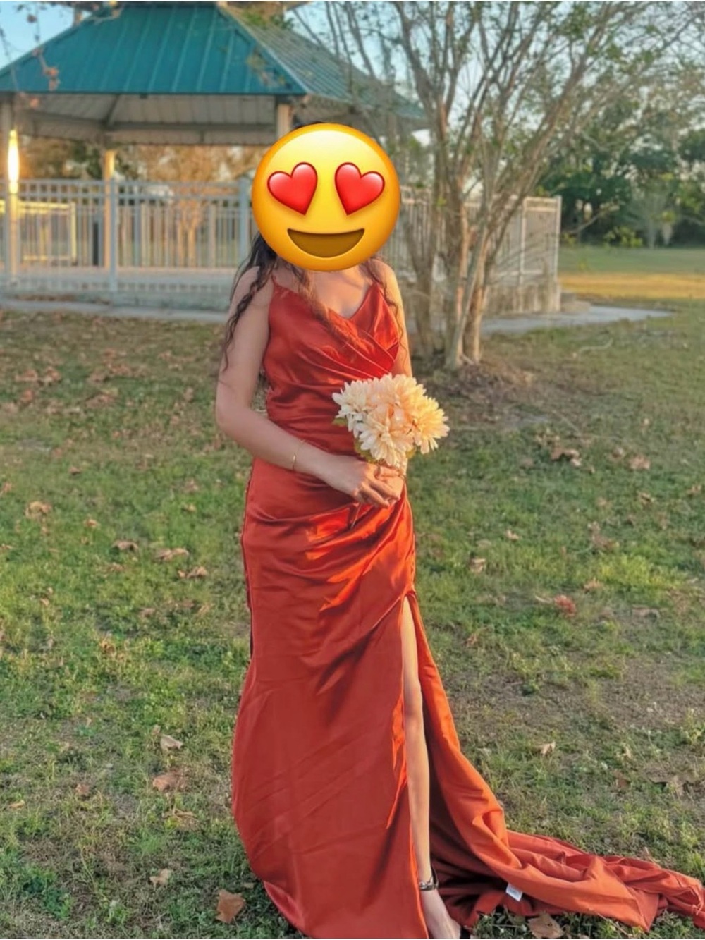 Others Follow Rust Satin V-Neck Prom Gown with High Slit